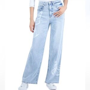 TINSELTOWN Juniors' Wide-Leg Butterfly-Print Jeans